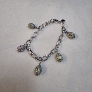Erwin Pearl Faberge Style Enamel Egg Charm Bracelet - Silver Tone Chain